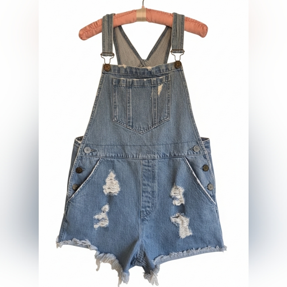 Show Me Your Mumu Distressed Denim Shortalls Light Wash Bib Jumpsuit Romper M
